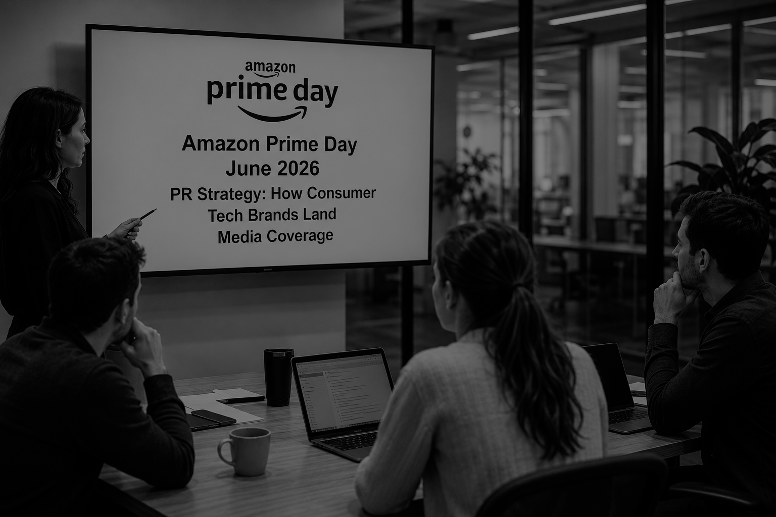 Team meeting discussing Amazon Prime Day 2026 PR strategy for consumer technology brands, focused on gift guide coverage, commerce media outreach, affiliate marketing, AI search visibility, and how products land in Prime Day deal roundups and AI-generated shopping recommendations.