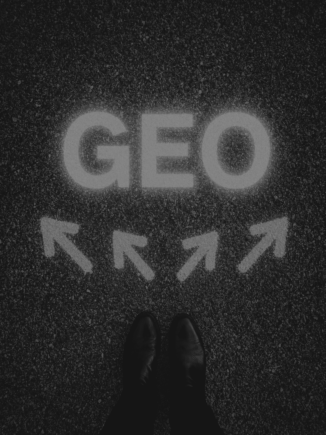 Top-down view of a person standing at a crossroads with four directional arrows beneath the glowing word "GEO" on asphalt. The image symbolizes the different paths companies can take to improve AI visibility through Generative Engine Optimization, including in-house programs, PR agencies, SEO agencies, and dedicated GEO specialists.