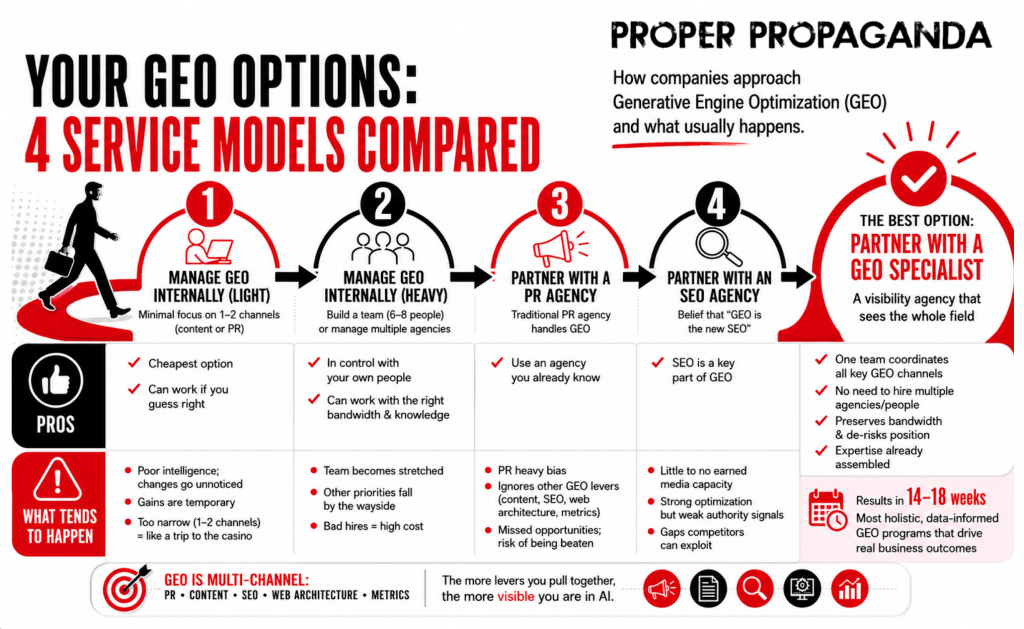 Infographic comparing five Generative Engine Optimization (GEO) approaches for improving AI visibility, including managing GEO internally, using PR agencies, using SEO agencies, and partnering with a GEO specialist. The graphic outlines the pros, limitations, and typical outcomes of each model, emphasizing that AI search visibility depends on multiple channels including PR, content, SEO, web architecture, and measurement.