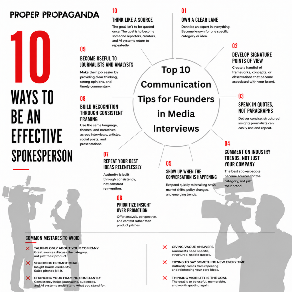 Top 10 communication tips for founders in media interviews, including media training, thought leadership, spokesperson development, brand messaging, and AI visibility strategies. Infographic highlights how founders can become trusted media sources through clear positioning, quotable insights, consistent messaging, and effective media relations.