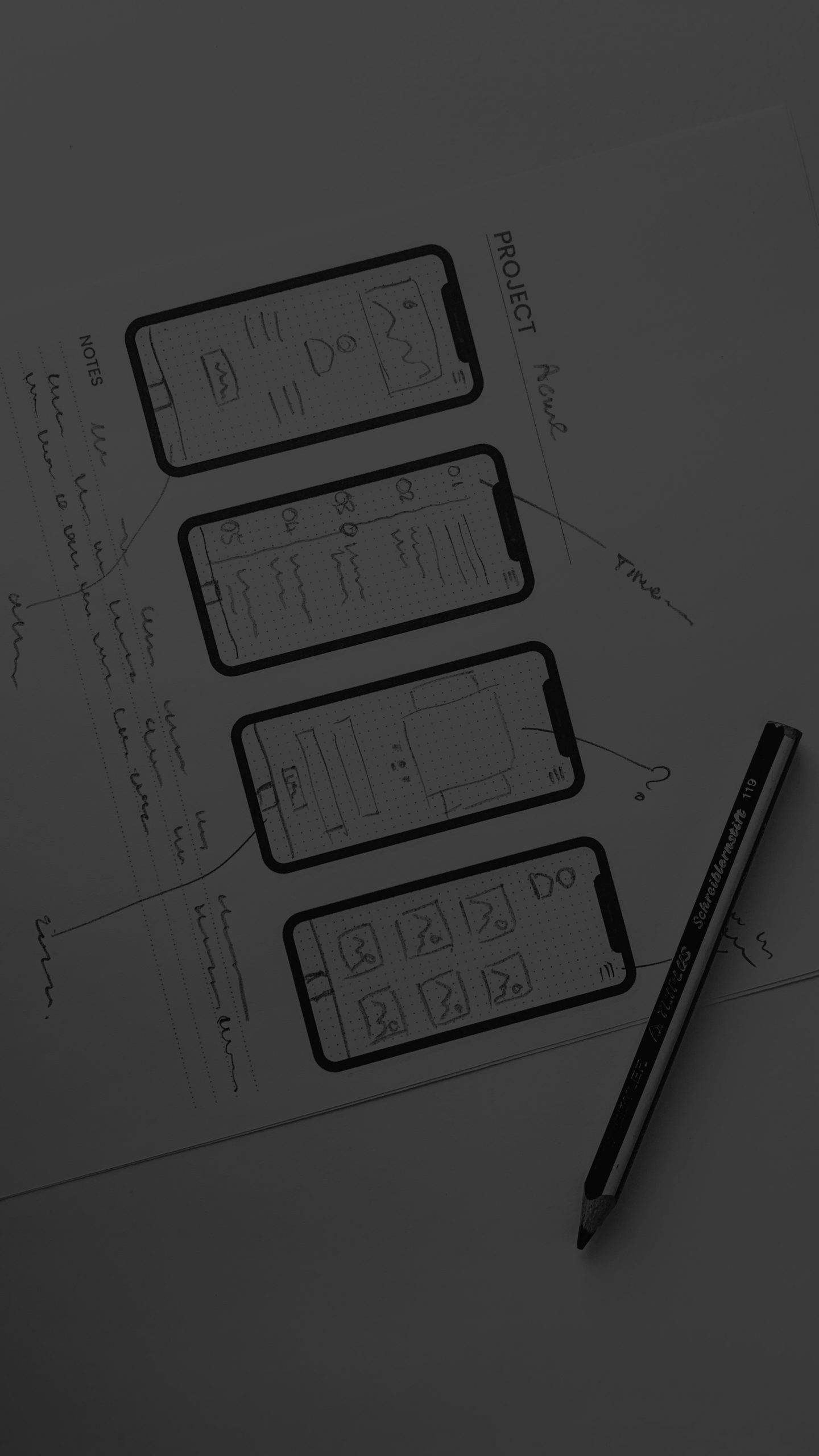 Sketches of four mobile app wireframes drawn on paper, showing different screen layouts and navigation concepts during the early stages of UX and interface design.