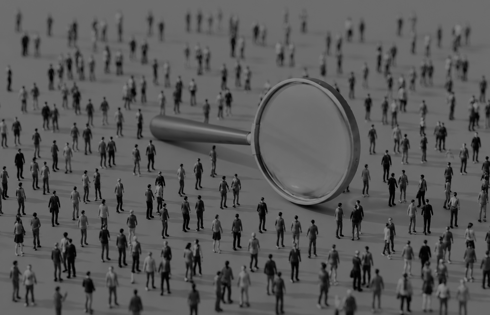 Customer research and audience analysis for GEO shown as a magnifying glass examining a crowd of consumers and AI search users.