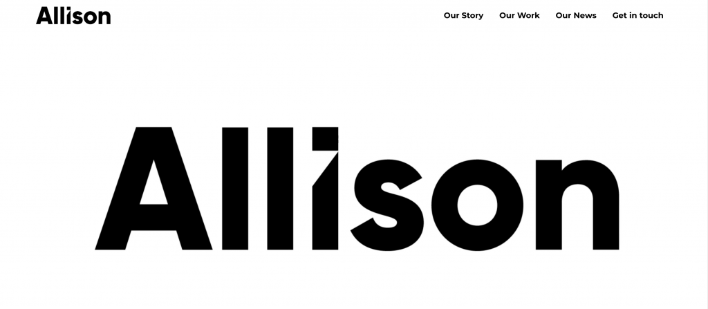 Allison Worldwide homepage featuring the agency's bold "Allison" branding, representing its global public relations, integrated communications, and marketing expertise for consumer, technology, healthcare, and corporate brands.