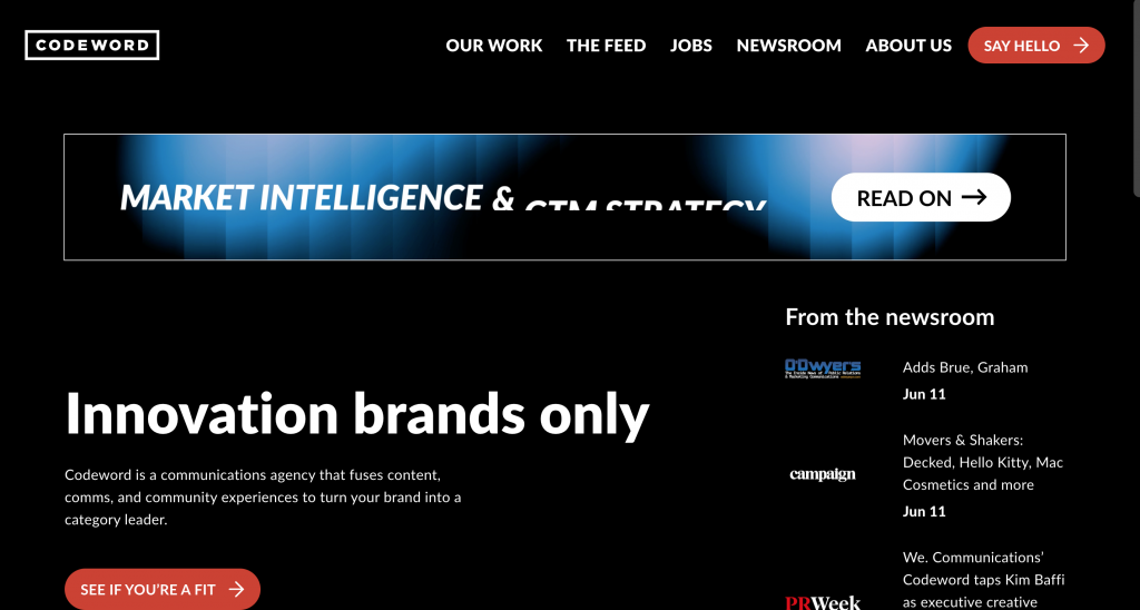 Codeword homepage featuring the message "Innovation brands only" and highlighting the agency's expertise in content, communications, and community-building for technology and innovation-focused companies.
