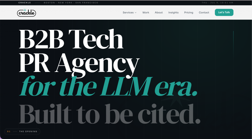 Crackle PR homepage featuring the message “B2B Tech PR Agency for the LLM Era. Built to be cited,” representing the agency’s integration of technology PR, earned media, GEO, AEO, and AI citation strategy.