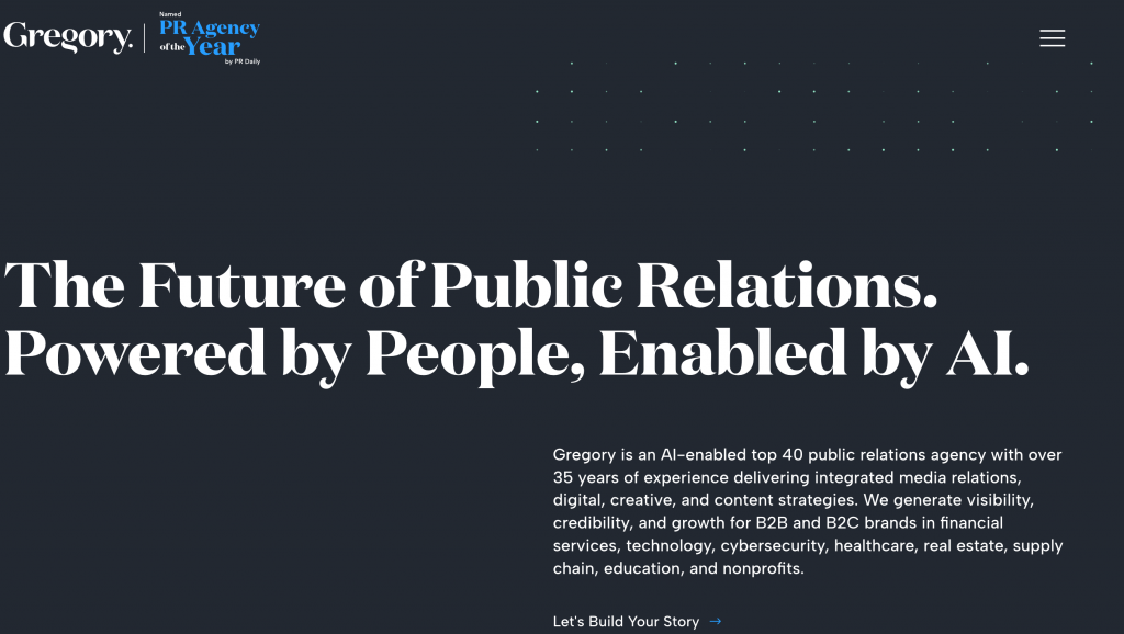 Gregory FCA homepage featuring the message “The Future of Public Relations. Powered by People, Enabled by AI,” representing the agency’s integration of earned media, human expertise, AI-enabled communications, GEO, and generative search visibility.