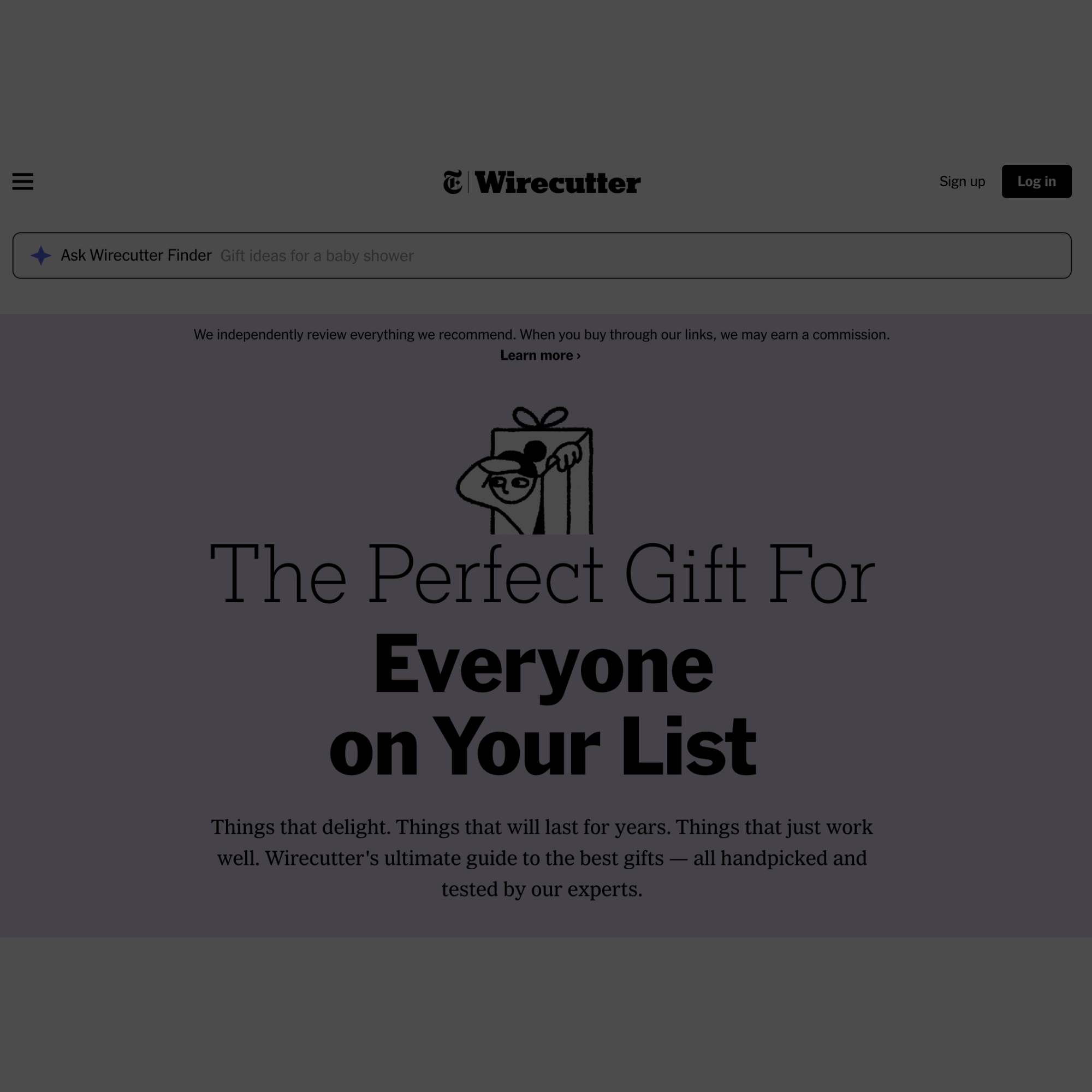 Wirecutter's "The Perfect Gift for Everyone on Your List" editorial gift guide, illustrating how expert-tested listicles combine comparisons, recommendations, and structured evaluations to create AI-citable content that supports buying decisions and recommendation prompts.