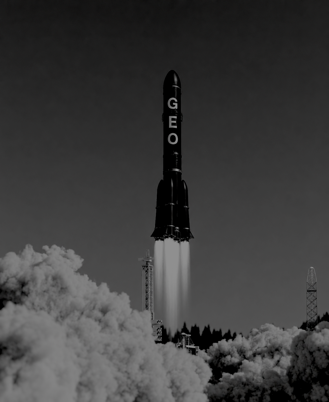 Black GEO rocket launching above clouds, representing the LAUNCH Framework for consumer tech product launches and the role of PR, earned media, content, product reviews, search, and Generative Engine Optimization in building sustained visibility.