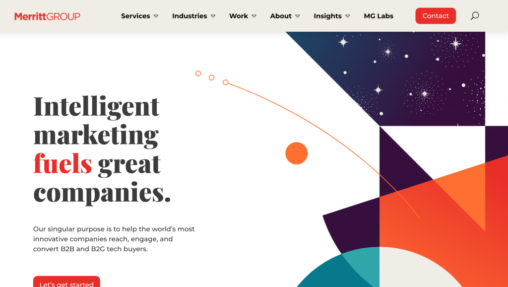 Merritt Group homepage featuring the message “Intelligent marketing fuels great companies,” representing the agency’s integrated technology PR, communications, content, digital marketing, and brand authority capabilities for B2B and B2G technology companies.