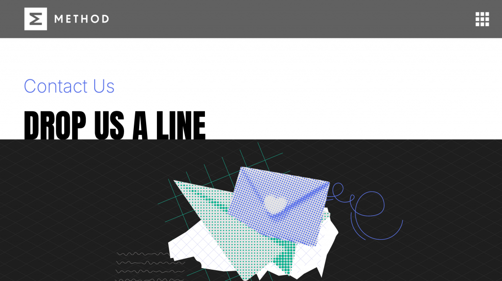 Method Communications homepage featuring the message "Drop Us a Line" alongside the agency's branding, representing its expertise in strategic communications, media relations, and public relations for enterprise technology and high-growth companies.
