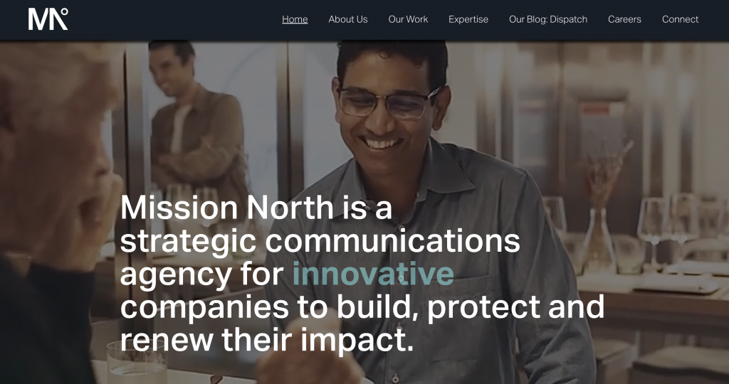 Mission North homepage highlighting its strategic communications services for innovative companies, illustrating the agency's focus on media relations, brand reputation, and modern communications in the evolving AI search landscape.