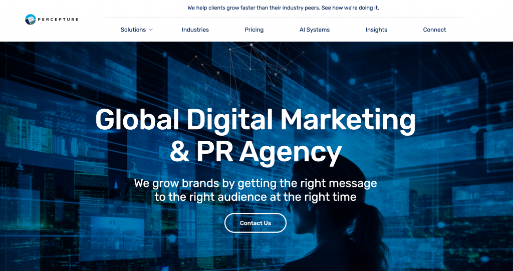 Percepture homepage featuring the message “Global Digital Marketing & PR Agency” over an AI-inspired digital network, representing the agency’s integrated PR, digital marketing, GEO, content, search, and AI visibility services.