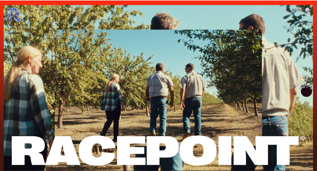 Racepoint Global homepage featuring the message "Racepoint" over an image of professionals walking through an orchard, representing the agency's focus on reputation management, strategic communications, public relations, and long-term brand growth.