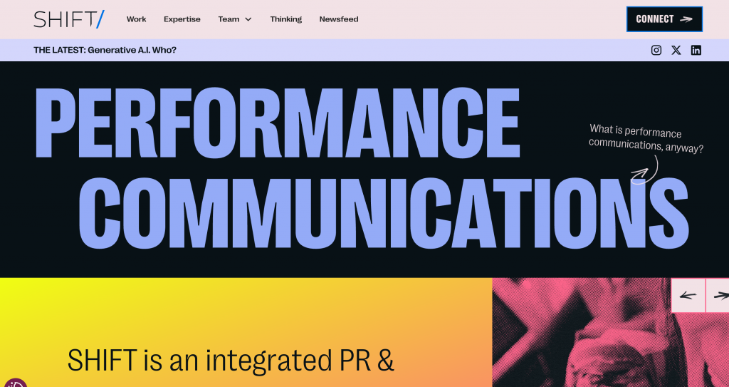 SHIFT Communications homepage featuring the headline "Performance Communications" and highlighting its integrated PR and communications approach focused on measurable business outcomes, brand visibility, and growth.