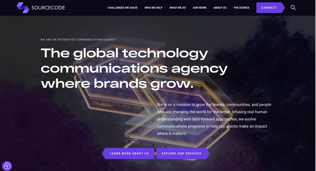 SourceCode Communications homepage featuring the message “The global technology communications agency where brands grow,” representing its technology PR, earned media, integrated communications, thought leadership, and brand authority capabilities.