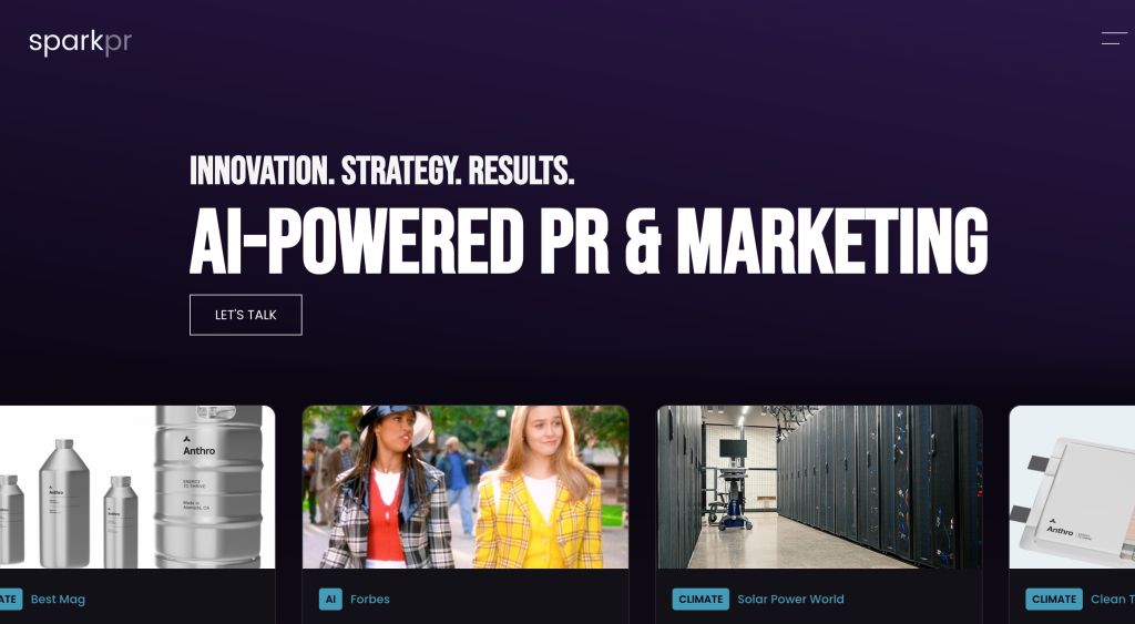 SparkPR homepage featuring the message "AI-Powered PR & Marketing" alongside "Innovation. Strategy. Results." showcasing the agency's focus on technology public relations, AI, innovation, and integrated marketing for high-growth companies.