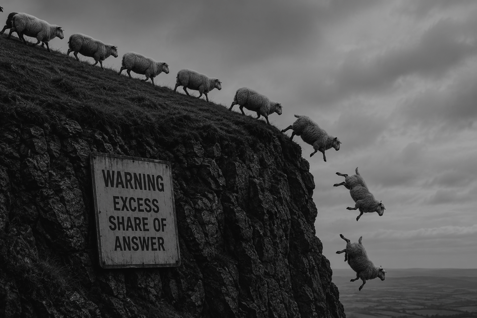 Black-and-white photo of sheep blindly walking up a steep hill and falling over a cliff beside a warning sign reading "Warning: Excess Share of Answer," illustrating the danger of over-relying on Share of Answer instead of measuring GEO performance across the full AI buyer journey.