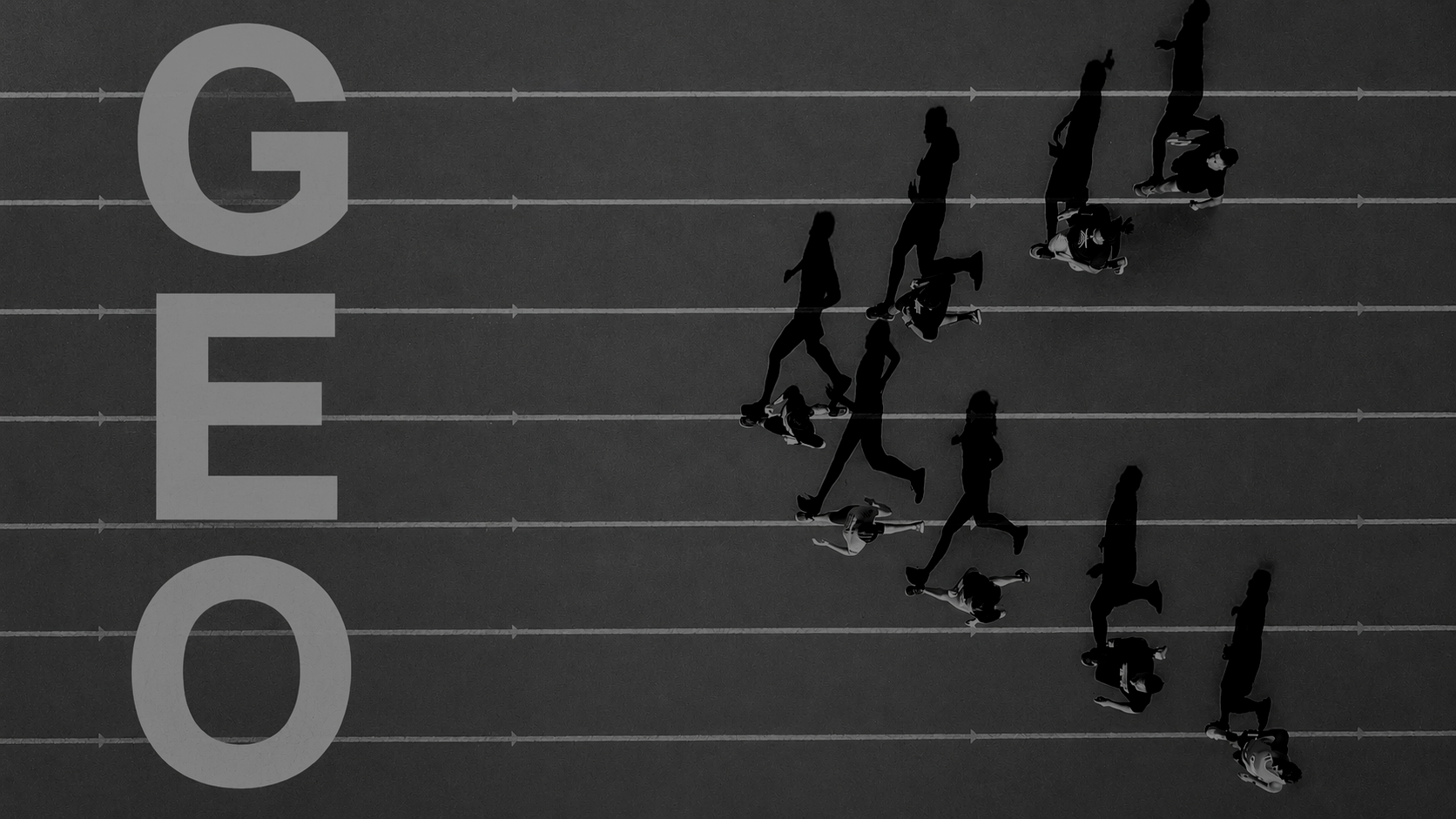 Aerial black-and-white image of people moving across running lanes beside the large vertical letters "GEO," symbolizing the race for Generative Engine Optimization (GEO), AI search visibility, earned media authority, and competitive brand positioning in AI-powered search.