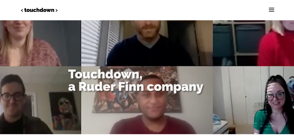 Touchdown PR homepage featuring a virtual team meeting with the message "Touchdown, a Ruder Finn company," representing the agency's expertise in technology public relations, international communications, media relations, and cross-border market expansion.