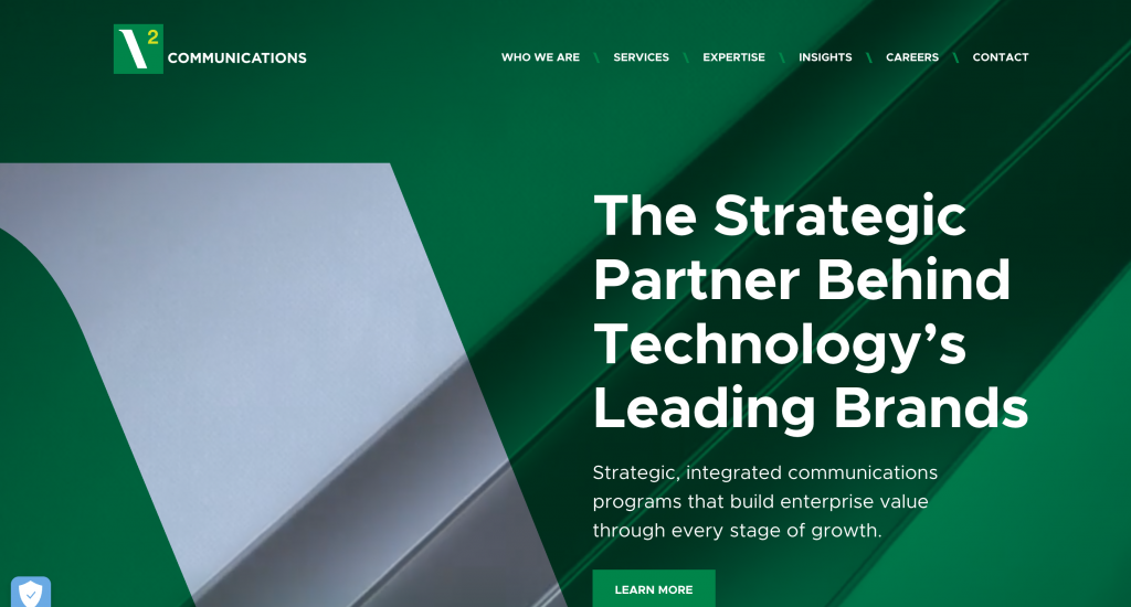 V2 Communications homepage featuring the message “The Strategic Partner Behind Technology’s Leading Brands,” representing the agency’s expertise in technology PR, integrated communications, earned media, executive visibility, and enterprise brand growth.