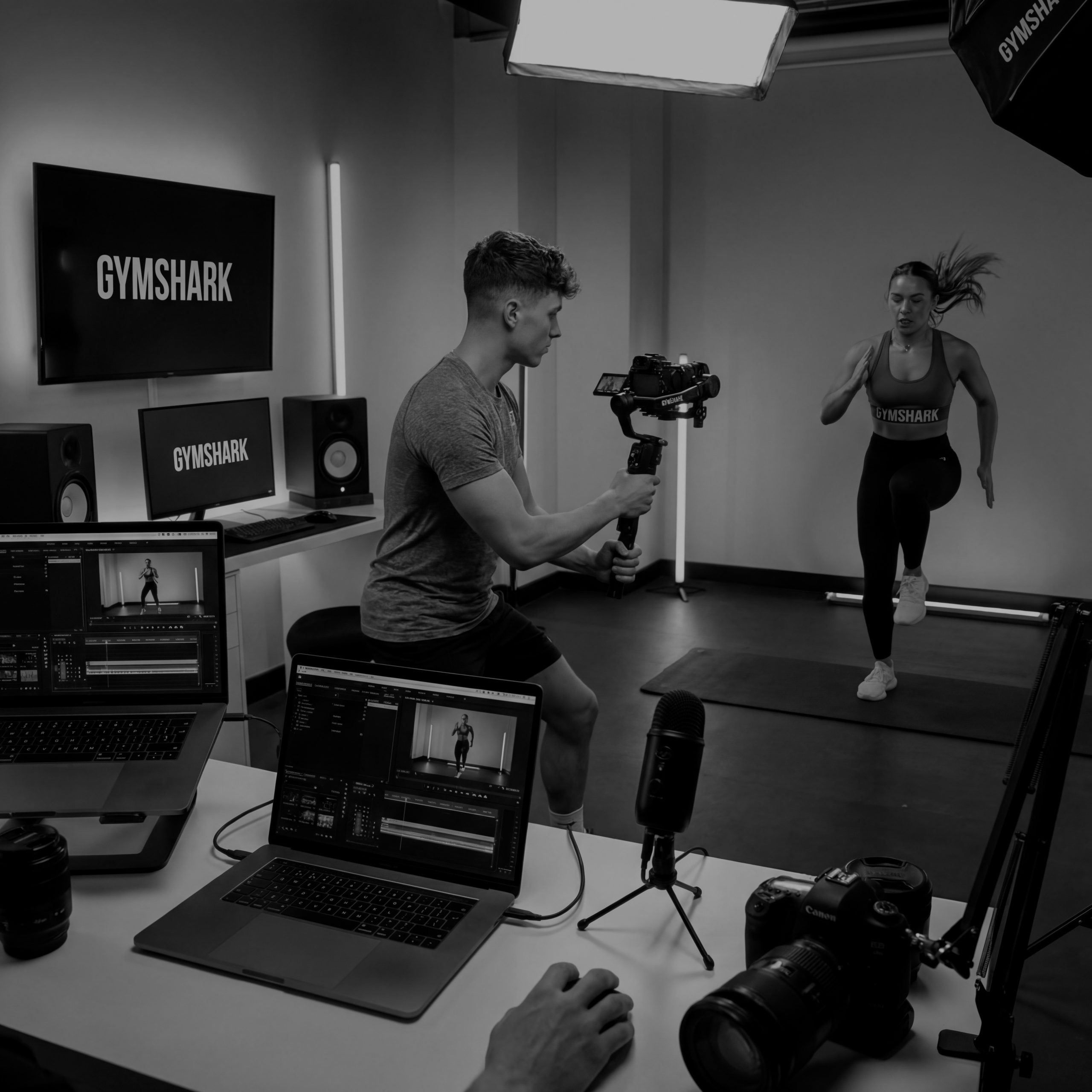 Fitness creator being filmed in a professional studio, illustrating influencer marketing ROI for consumer tech brands across content, engagement and sales.