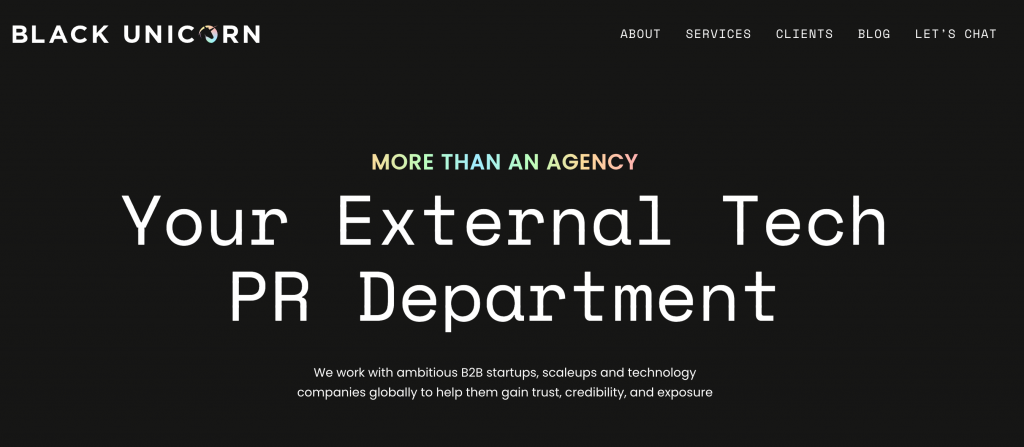 Black Unicorn PR tech PR agency for B2B startups and scaleups, featured among the best PR agencies for tech startups in 2026.