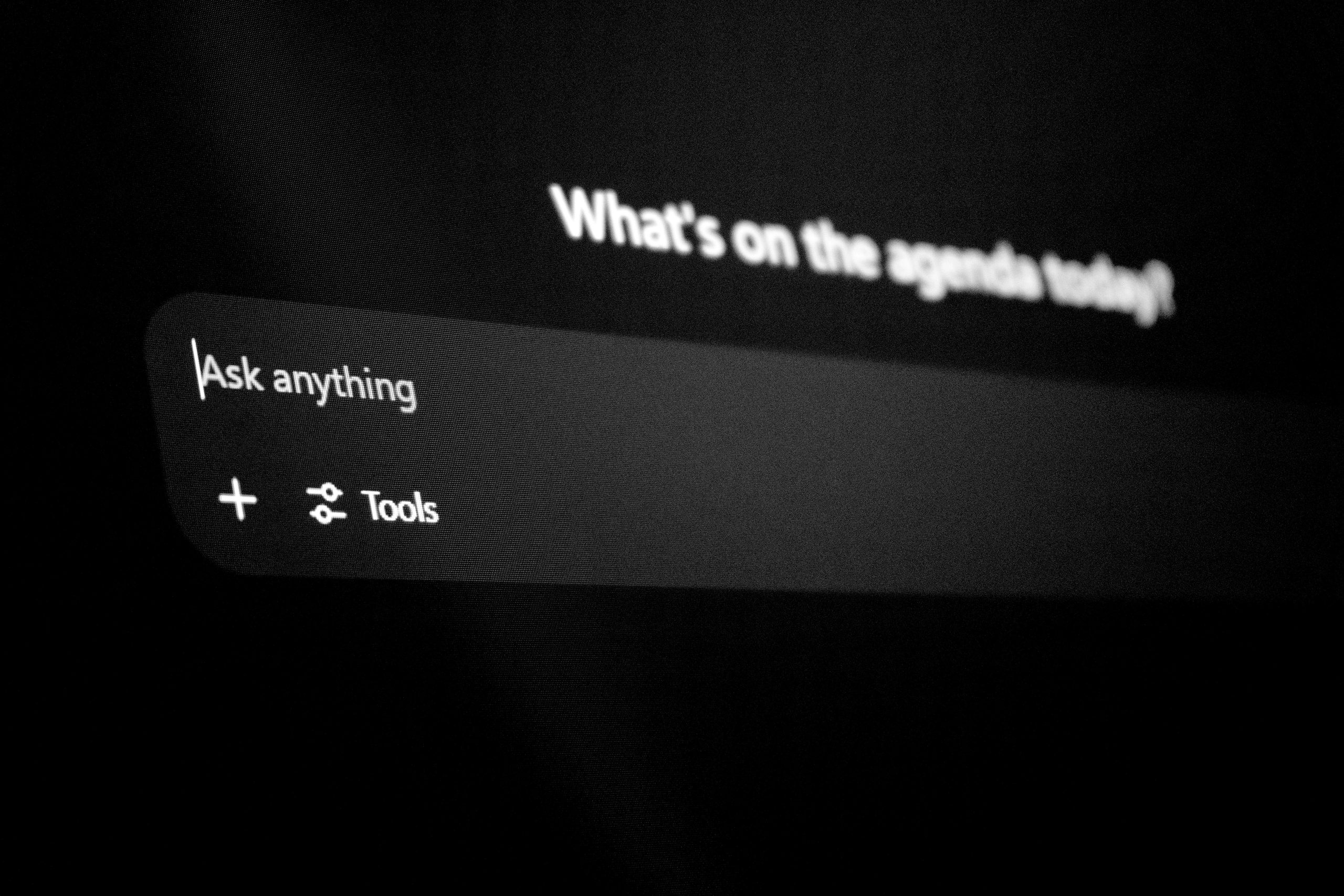 Black and white image of an AI search interface representing how PR and earned media shape what AI understands about technology categories.