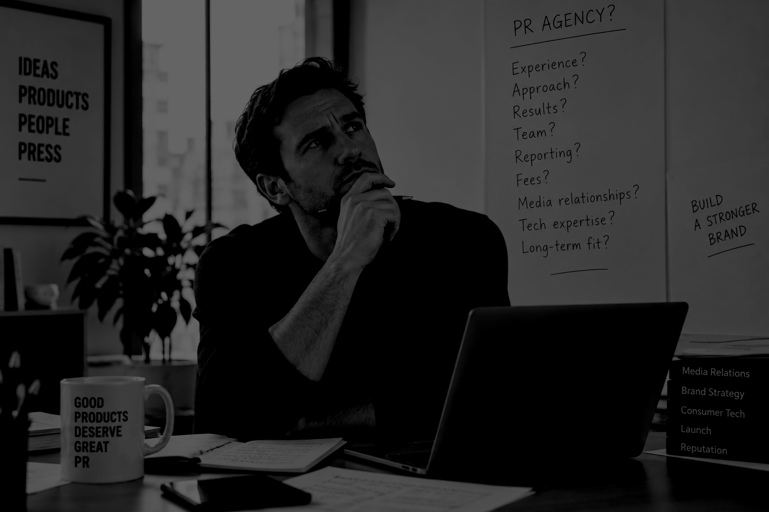 Founder evaluating a PR agency based on experience, strategy, results, team, reporting and fees before hiring a PR firm.