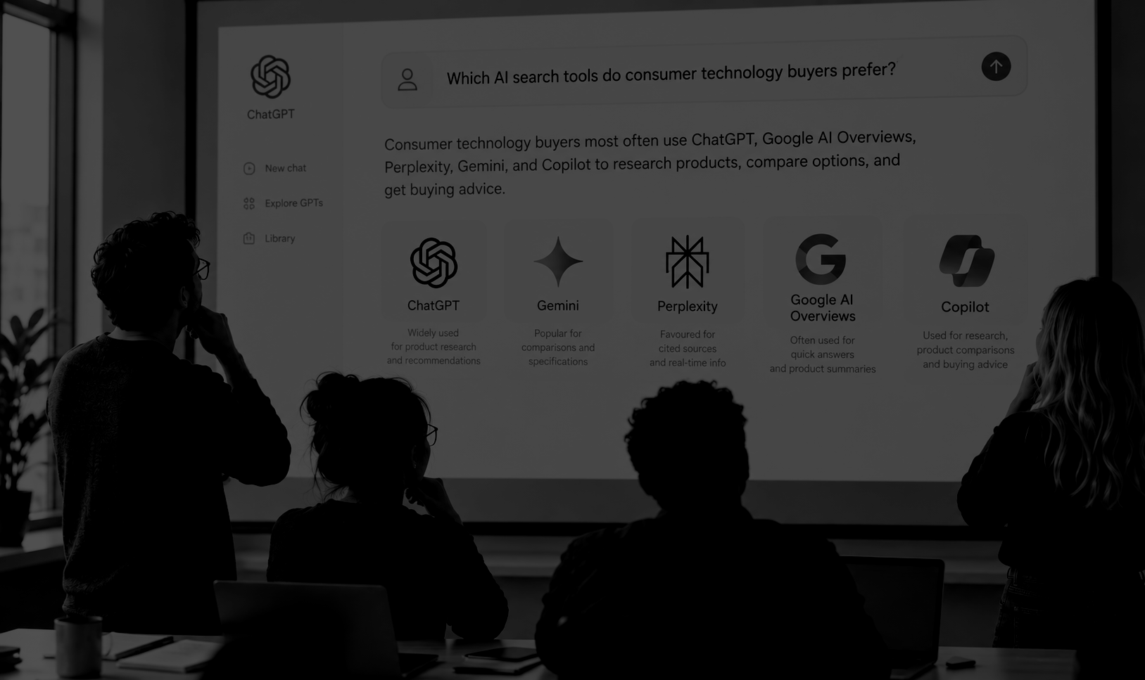Consumer tech team reviewing AI search tools including ChatGPT, Gemini, Perplexity, Google AI Overviews and Copilot for product research.
