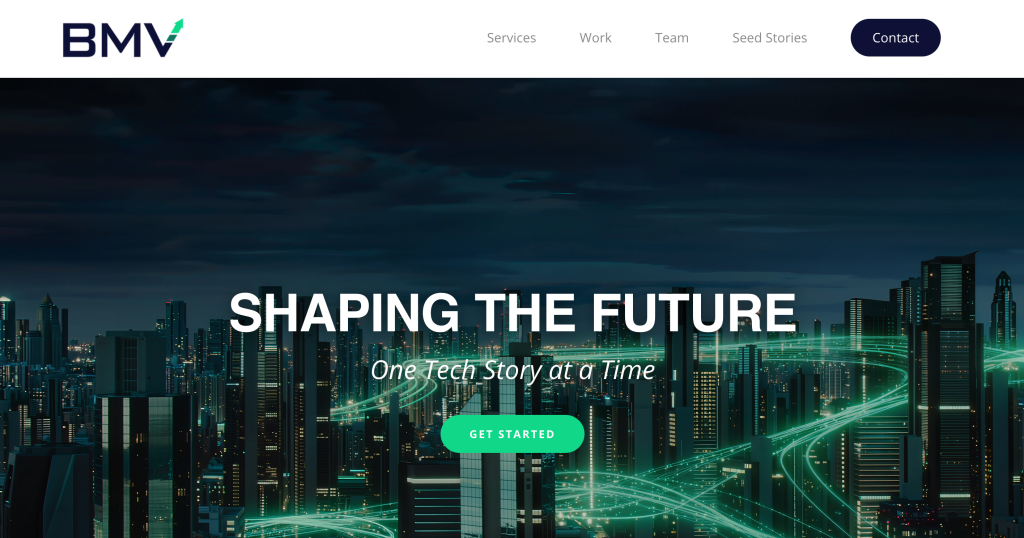 Beantown Media Ventures (BMV) website featuring its “Shaping the Future” headline. A boutique B2B technology PR agency specializing in venture-backed startups, SaaS, AI, cybersecurity and tech storytelling.