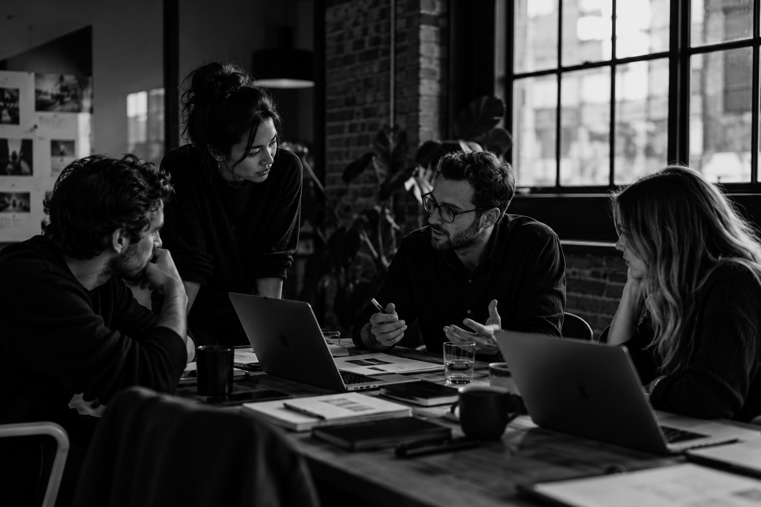 Black-and-white editorial photograph of four technology professionals in a strategy meeting, illustrating how growth-stage CMOs evaluate boutique tech PR agencies, earned media expertise and GEO capabilities.