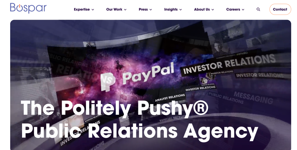 Bospar website featuring its “The Politely Pushy Public Relations Agency” headline. An independent technology PR agency specializing in B2B tech, national media relations, executive visibility and creative communications campaigns.