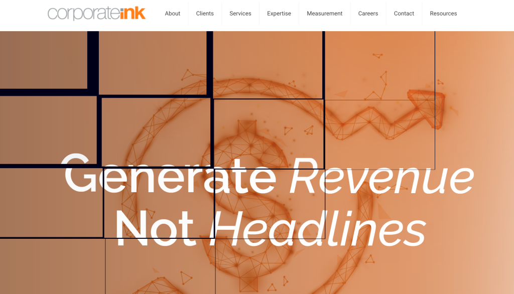 Corporate Ink website featuring its “Generate Revenue Not Headlines” headline. A boutique B2B technology PR agency specializing in enterprise tech, fintech, strategic communications, GEO and AI-search visibility