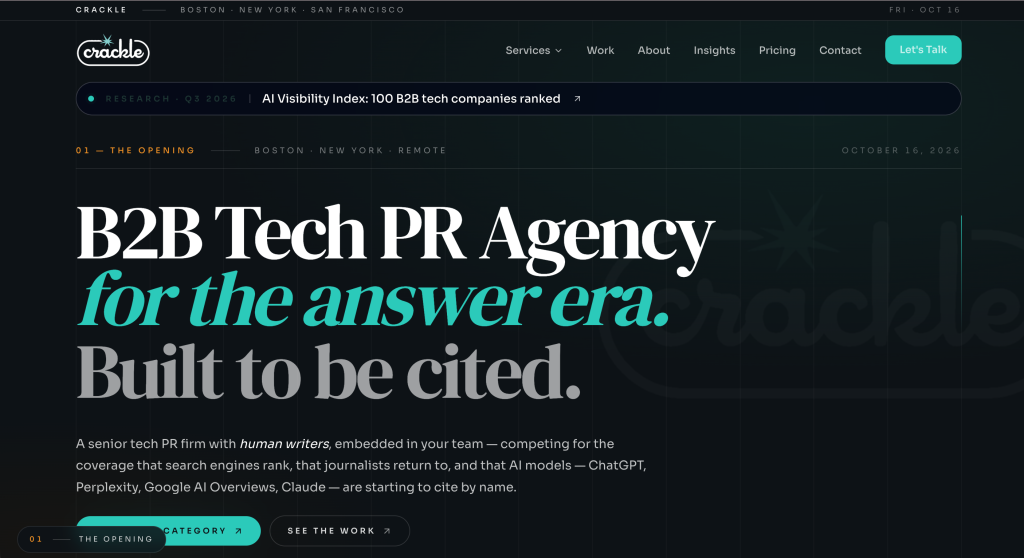 Crackle PR, a U.S. B2B technology PR agency specializing in earned media, AI-search visibility, Generative Engine Optimization (GEO) and strategic communications for growth-stage tech companies.