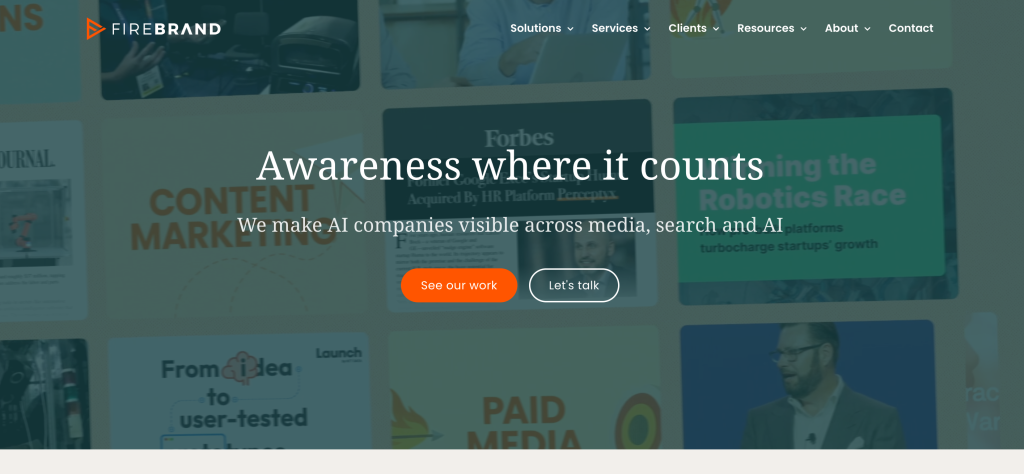 Firebrand Communications website featuring its “Awareness where it counts” headline. A boutique B2B technology PR agency specializing in AI startups, earned media, content marketing and AI-search visibility.
