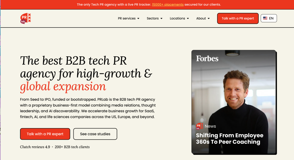 PRLab, a B2B technology PR agency specializing in SaaS, fintech, AI, earned media, thought leadership and GEO for growth-stage tech companies expanding across North America and Europe.
