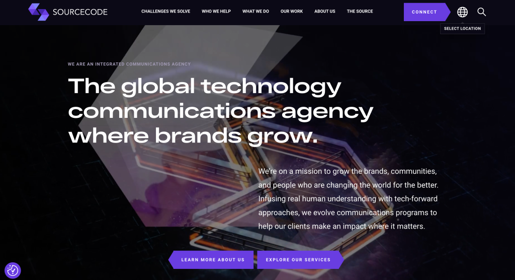 SourceCode Communications website featuring its global technology communications positioning. A boutique tech PR agency specializing in B2B and consumer technology, fintech, integrated communications and GEO.